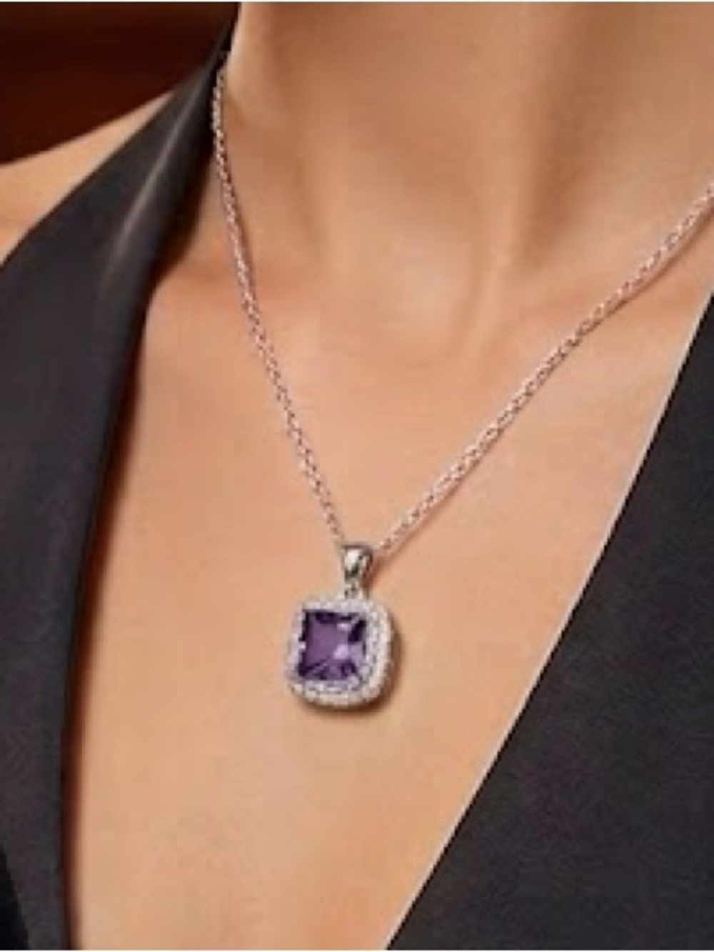 New Luxe S925 Sterling Silver Purple Cushion Halo Necklace & Earring Set - Picture 2 of 4